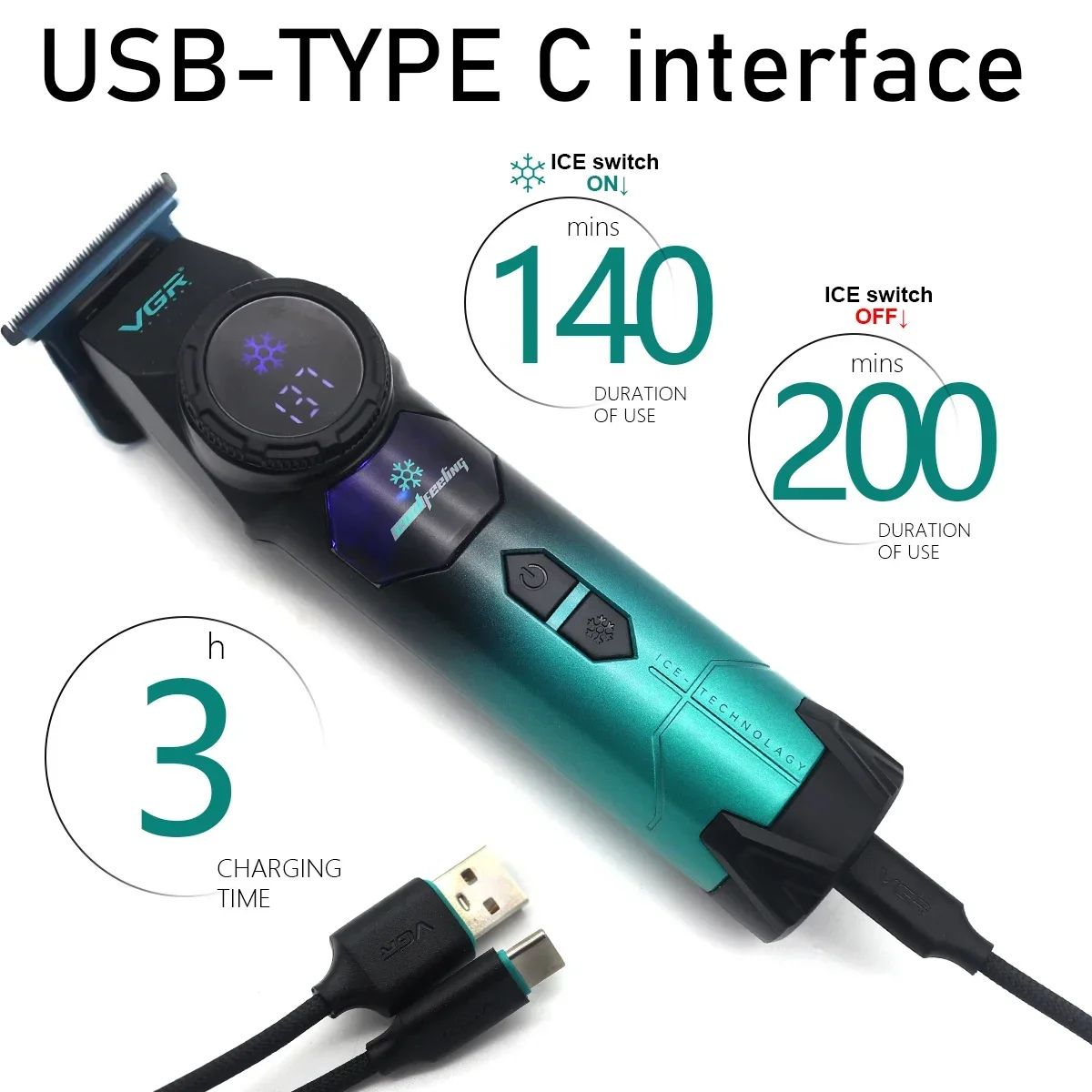 VGR V-946 Ice Tech Barber Trimmer Machine DLC T Blade Zero Gap 8000RPM Brushless Metal Blue Ceramic Clipper For Haircut Barber