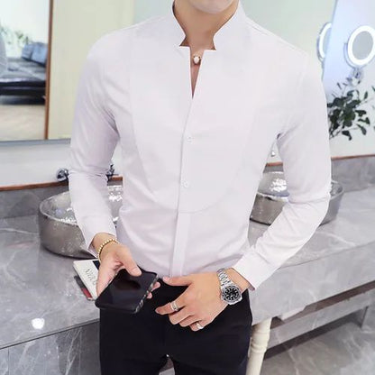 Black Men Long Sleeve Shirt, White Single Breasted Collar Stretch Shirts, Red Fashion Slim Top,Asian Size M-5XL(Korean Slim Fit)