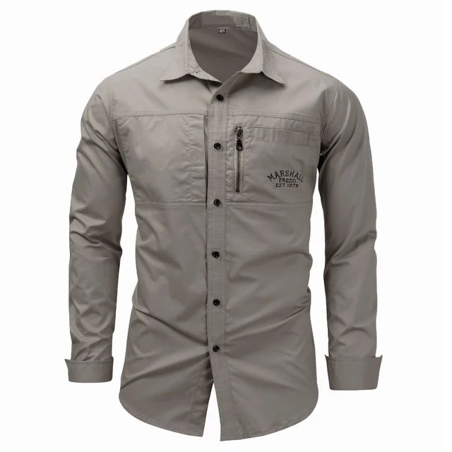 European Size Men's Shirt Cotton Multi-Pocket Button Up Green Navy Cargo Shirt Long Sleeve Button Down Hiking Fishing Work Shirt