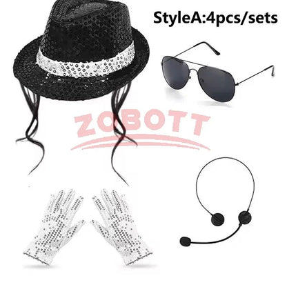 Disco Stage Performance Sequin Hat Tie Glove Set Michael Jackson Cosplay Style Sparkly Costume For Dance Party Halloween Gift