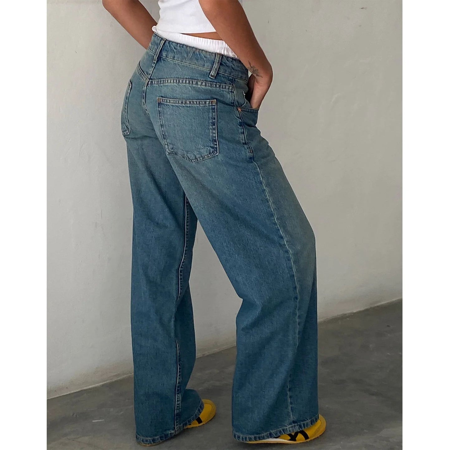 High Waist Straight Leg Women's Jeans Retro American Washed Denim Pants Autumn Street Style Wide Leg Trousers for Women