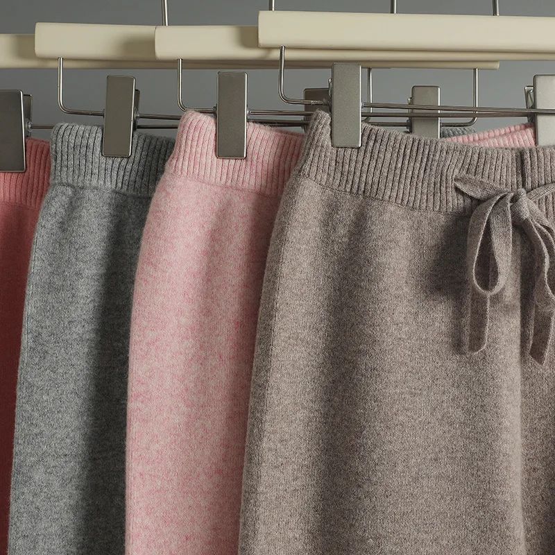 Spring Autumn Women High Waist Wool Wide Leg Pants Solid Soft Warm 100% Merino Wool Knitted Trousers Belt Casual Korean Fashion