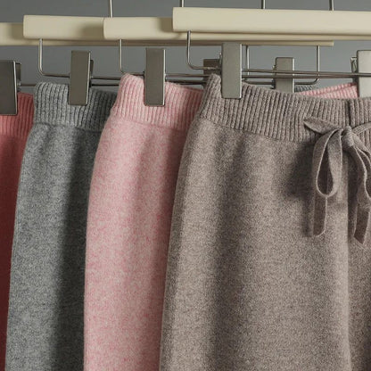 Spring Autumn Women High Waist Wool Wide Leg Pants Solid Soft Warm 100% Merino Wool Knitted Trousers Belt Casual Korean Fashion