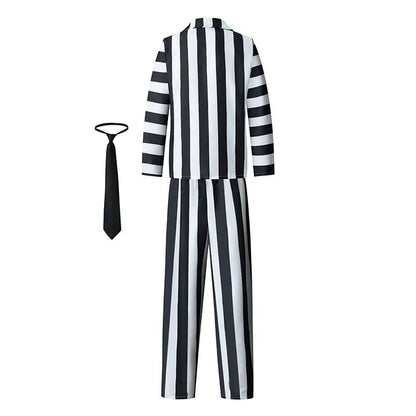 Miccosts Adult Kids Black and White Vertical Stripes Jacket Suit With Tie Halloween Infernal Master Cosplay Costume For Boy Men