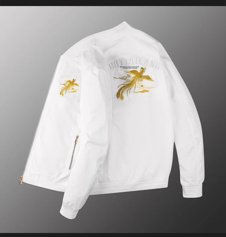 White, black men's phoenix embroidery jacket Slim youth jacket Outdoor sports trend tops Men's jackets