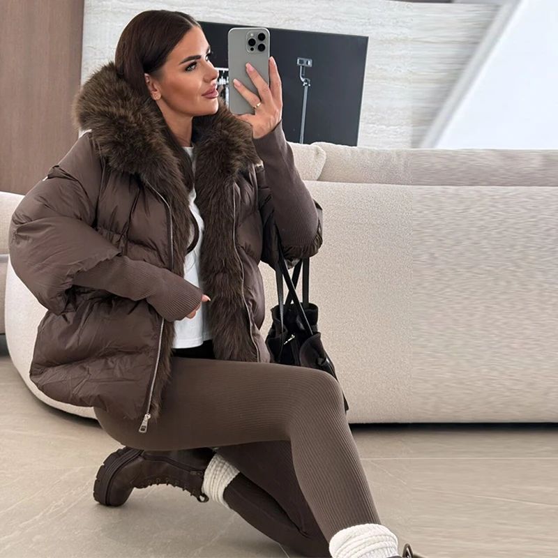 Faux Fur Spliced Hooded Cotton Jackets Women Zipper Long Sleeve Pocket Warm Coats 2025 Winter Fashion Solid Down Jacket New