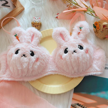 Um Lindo Sutiã de Inverno de Pelúcia Estilo Japonês com Um Coelho e Um Urso, Sem Aro