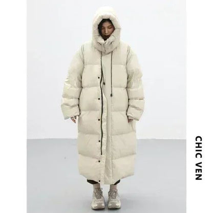 CHIC VEN Women's Down Coats Korean Loose Hooded Thick Warm Long Down Jacket Winter Coat for Women Female Parkas Outerwears 2024