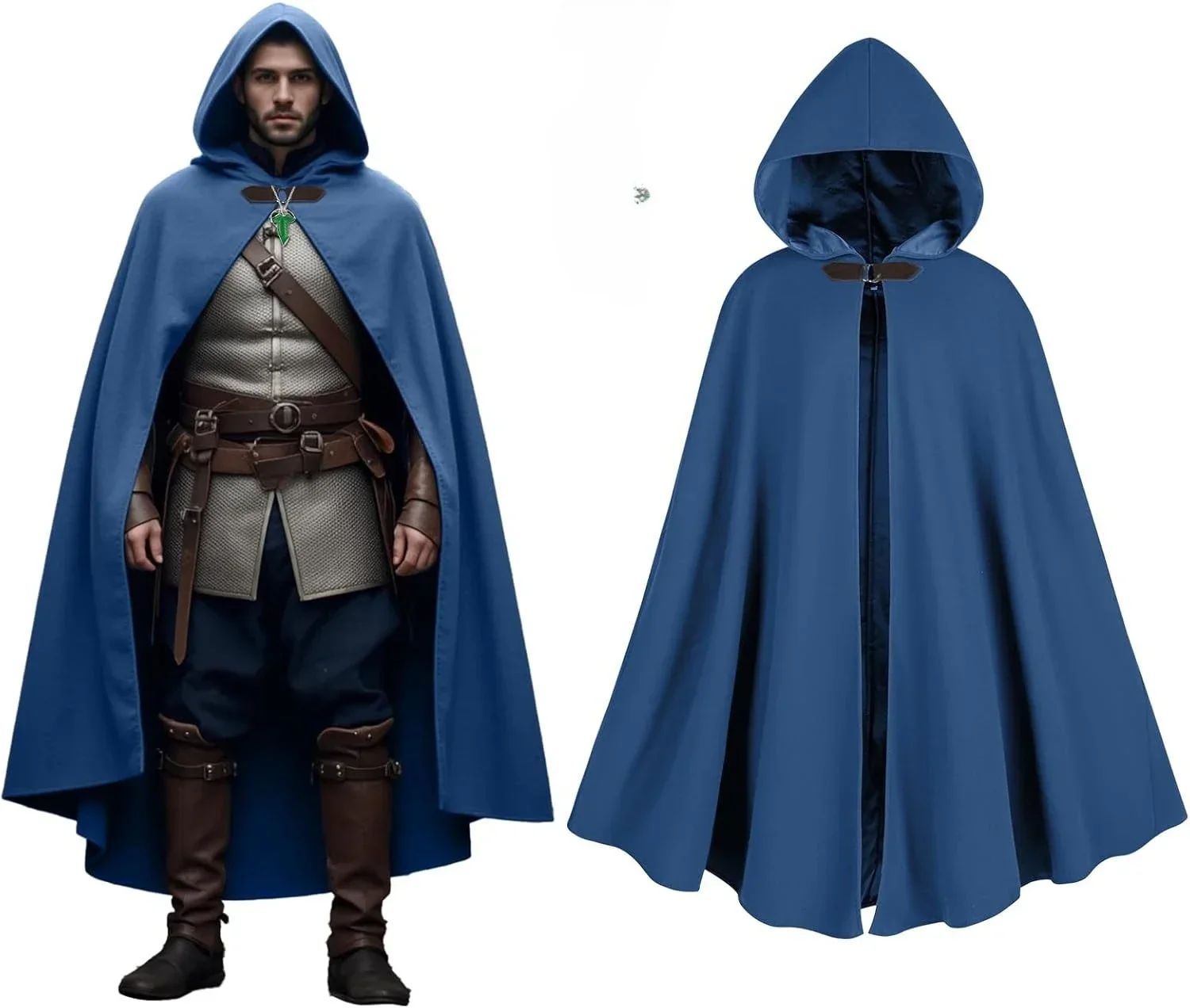Cloak with Hood Men?Medieval Costume Men Round Metal Buckle Cloak with Green Leaf Brooch Necklace for Halloween
