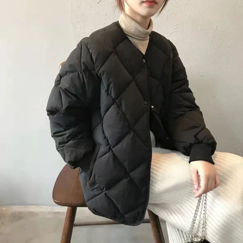 Winter Cotton-Padded Jacket for Women  Autumn New Korean Versatile Lightweight Rhombus Plaid Cotton-Padded Jacket