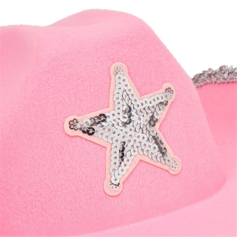 Pink Cowgirl Hat with Sparkling Sequins Trim for Halloween Dress Up Cosplay Party Supplies Costume Accessories