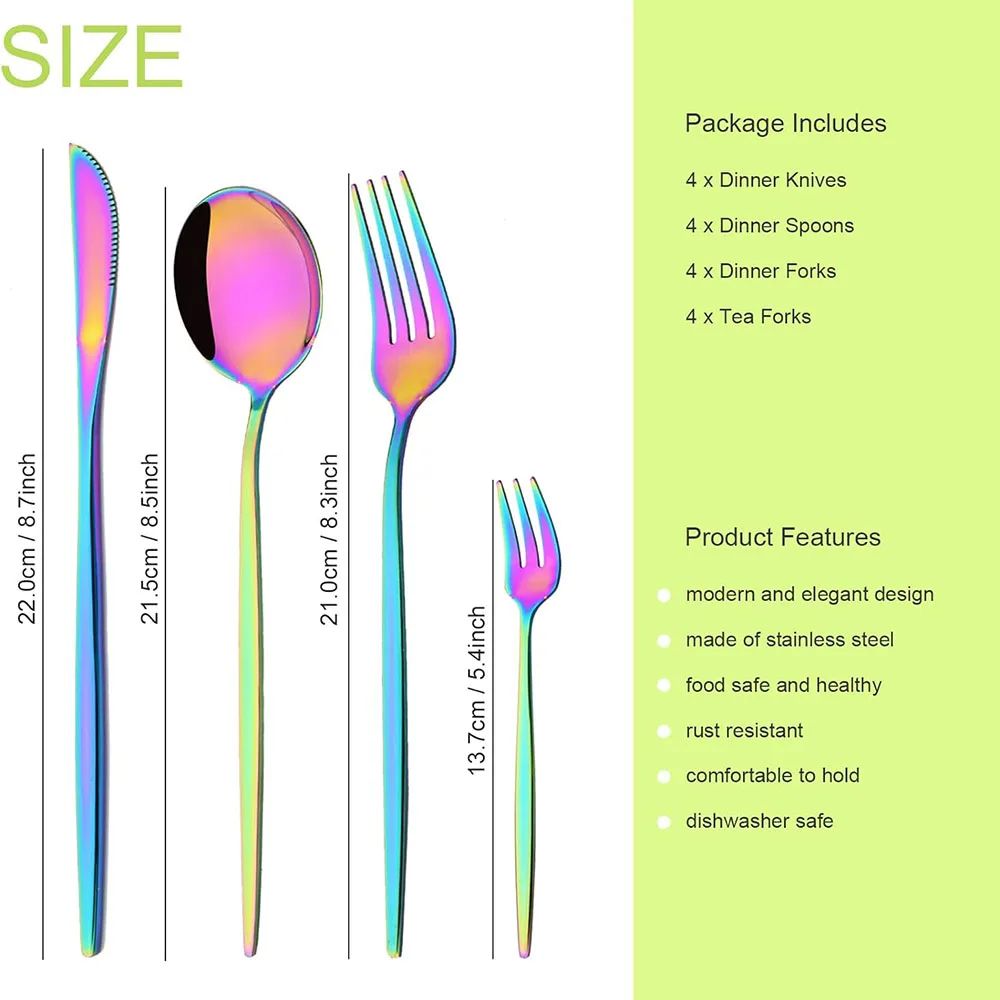 Conjunto de Talheres de Aço Inoxidável 16 Peças Rainbow para Jantar Faca Garfo de Bolo Colher Conjunto de Talheres de Mesa de Cozinha