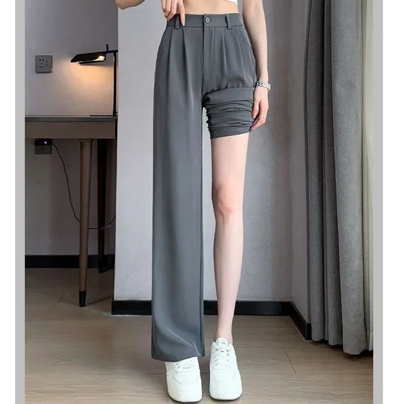 Women Full Length Pants Lady Baggy High Waist Wide Leg Solid Color Trousers Lady Straight Leg Mom Classic Office Pants Slacks
