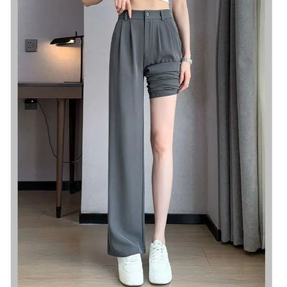 Women Full Length Pants Lady Baggy High Waist Wide Leg Solid Color Trousers Lady Straight Leg Mom Classic Office Pants Slacks