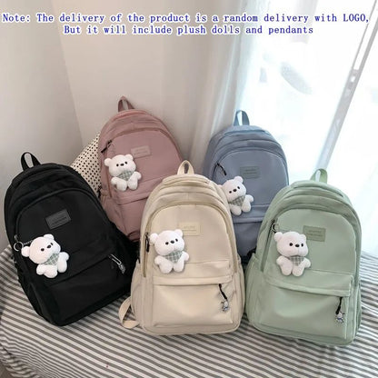 Schoolbags Student Japanese And Versatile Backpack Unisex Large-Capacity Backpack Girl Simple Polyester Material Doll Decoration