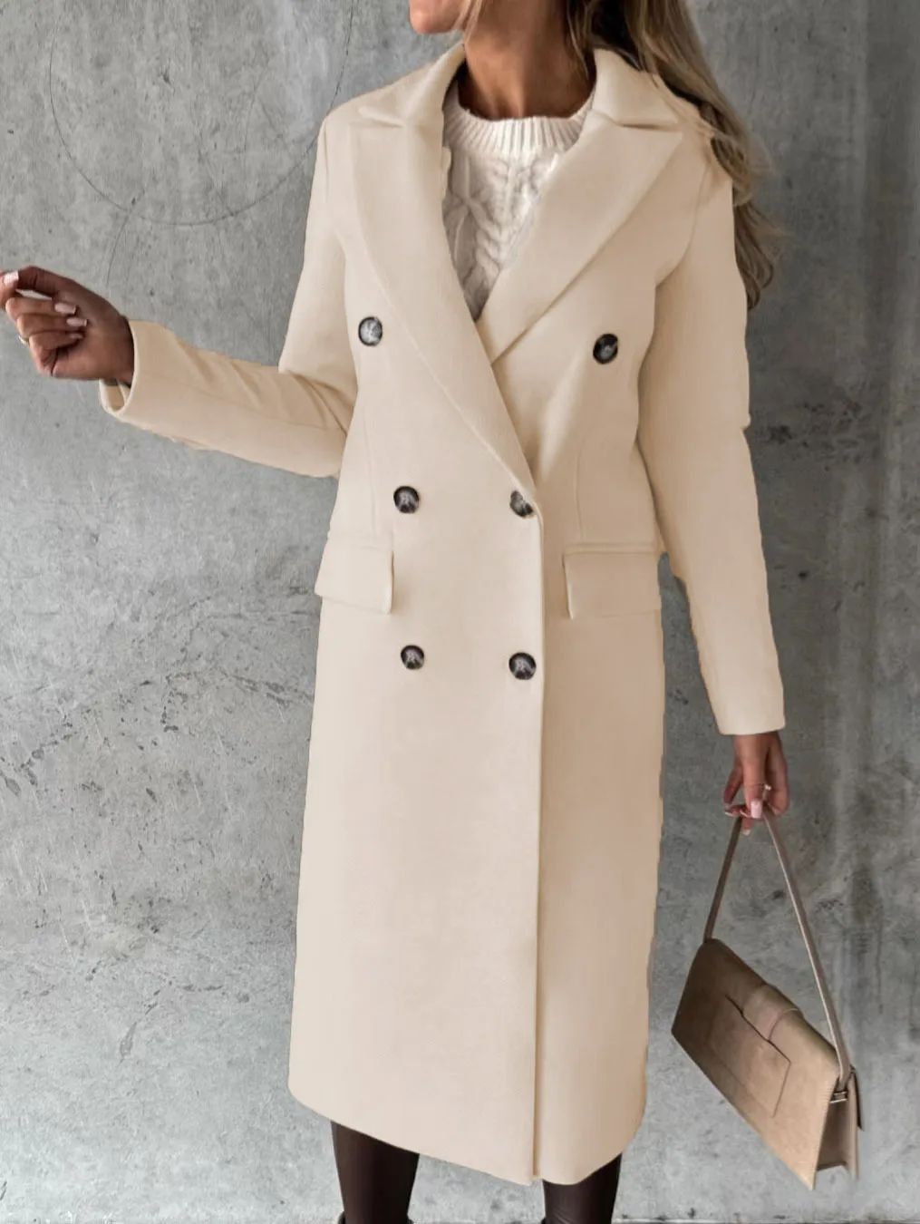 Autumn and Winter Women's Clothing Long-sleeved Lapel Solid Color Double-breasted Slim-fit Coat