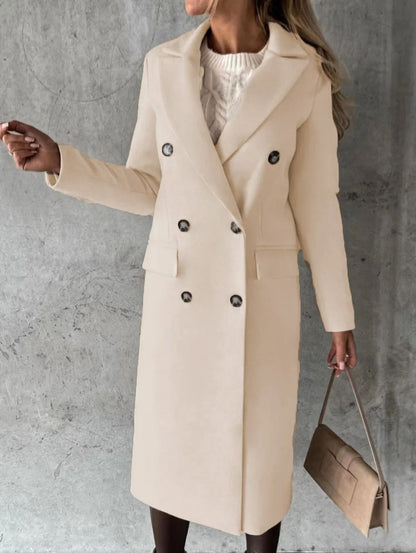 Autumn and Winter Women's Clothing Long-sleeved Lapel Solid Color Double-breasted Slim-fit Coat