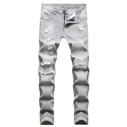 Mens Jeans Large-size Straight Light Gray Denim Trousers Spring and Autumn Full Length Male Pants Ripped Jeans