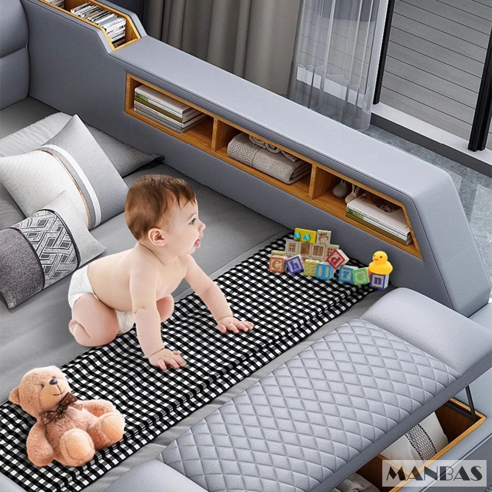 MANBAS Luxury King Size Genuine Leather Bed / Tech Smart Bed / Multifunctional Ultimate Beds / Massage Bed with USB,Projecter