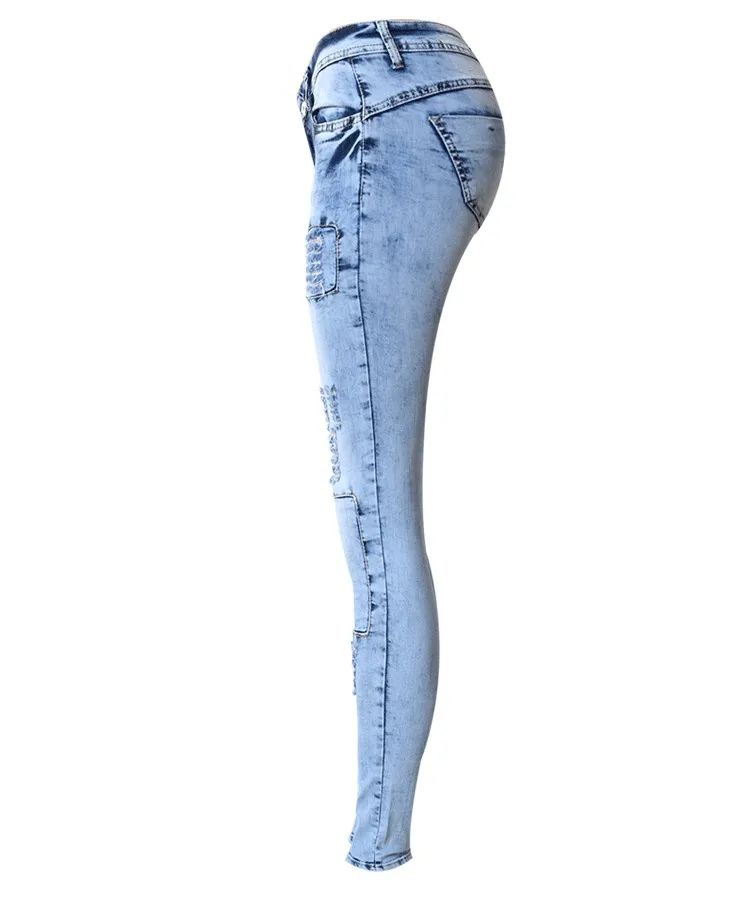 Summer Style Low Waist Sky Blue Patchwork Skinny Tights Women Pencil Jeans High Stretch Sexy Push Up Denim Women Fashion Jeans