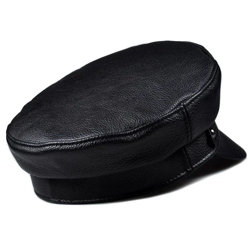 Chapéus Masculinos/Femininos de Inverno em Couro Genuíno Azul-Marinho Unissex Europeu/Americano Streetwear Bonés Pretos Ajustados com Cinto Outdoor Gorro