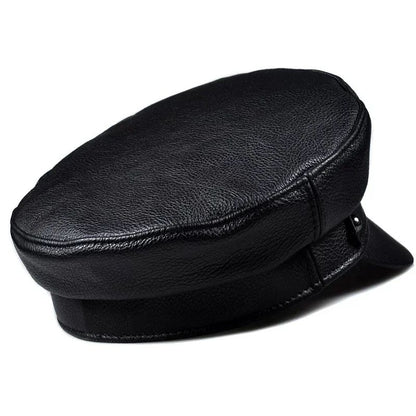 Chapéus Masculinos/Femininos de Inverno em Couro Genuíno Azul-Marinho Unissex Europeu/Americano Streetwear Bonés Pretos Ajustados com Cinto Outdoor Gorro