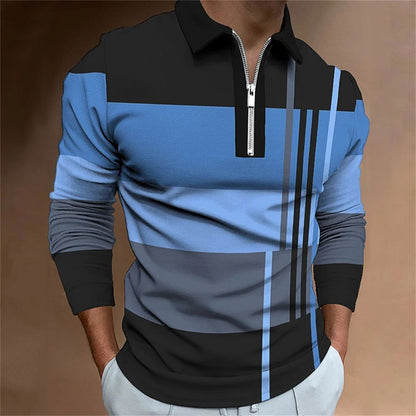 2025 autumn men's polo shirt long sleeved stand up collar patchwork printed top fashionable street casual T-shirt men's shirt