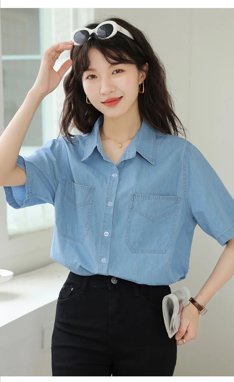 Vintageblueshort Sleeves Thin Denim Shirt 2024 Summer New Casual Loose-Fit Hong Kong Style Petite Top For Women
