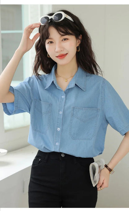 Vintageblueshort Sleeves Thin Denim Shirt 2024 Summer New Casual Loose-Fit Hong Kong Style Petite Top For Women