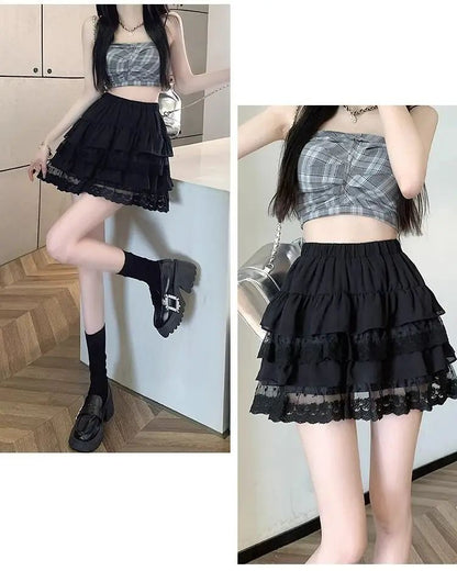 JOEVILU White Tutu Skirt A-line Elastic High Waist Mini Skirts Short Lace Cake Skirt Thin Summer Korean Fashion Goth Y2k Clothes