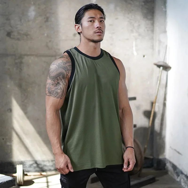 Plain Mens Bodybuilding Sleeveless Casual Shirts Gym Fitness Workout Muscle Tank Tops Summer Mesh Breathable Quick Dry Singlets