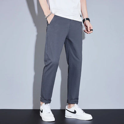 Casual Men Orange Loose Straight Business Pants Green Khaki Elastic Waist Trousers Soft Cotton Lyocell Fabric Korean Cargo Pants