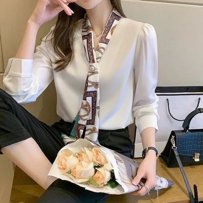 FANAN Elegant Fashion Office Lady Bow Solid Chiffon Shirts Women Clothing New Long Sleeve V-Neck Pullover Top Blouses Female2025