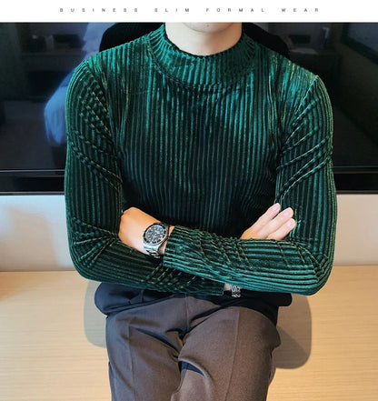 New Gold Velvet T Shirt Men Clothing Fashion Trend Male Luxury Prom Party Long-sleeved Striped Pullover Tops Homme