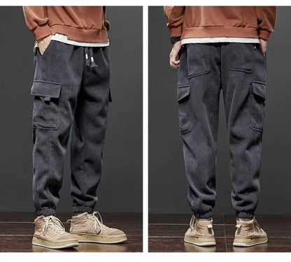 Winter New Thickened Warm Men's Corduroy Cargo Pants Fleece Loose Streetwear Joggers Harem Pants Sweatpants Male Trousers Black