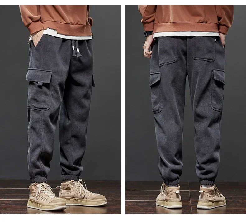 Winter New Thickened Warm Men's Corduroy Cargo Pants Fleece Loose Streetwear Joggers Harem Pants Sweatpants Male Trousers Black