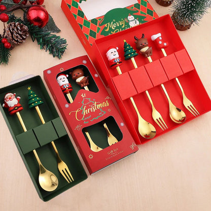 Christmas Themed Cutlery Gift Set 2/4/6pcs Stainless Steel Forks Spoons for Dessert, Creative Holiday Tableware Coffee Tea Party