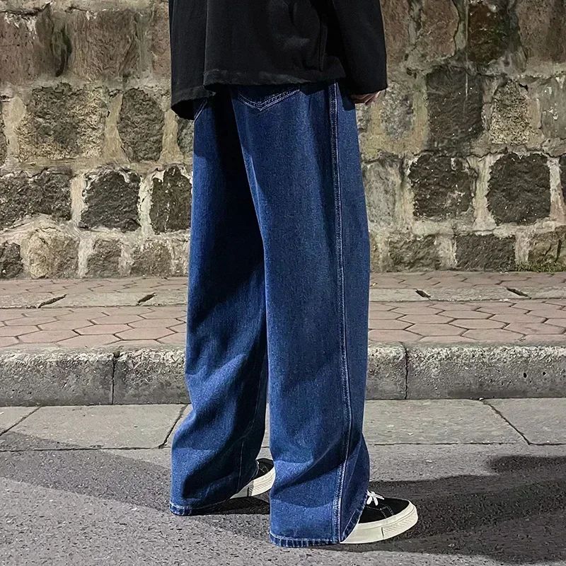 Spring Autumn New Men's Jeans Japanese Vintage Elastic Waist Casual Straight-leg Pants Trendy Wide-leg Trousers Loose Fit