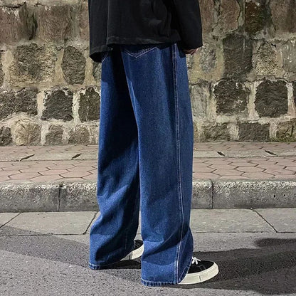 2025 New Korean Men's Casual Long Jeans Classic Man Straight Denim Wide-leg Pants Gyms Solid Color Light Blue Grey Black M-3XL
