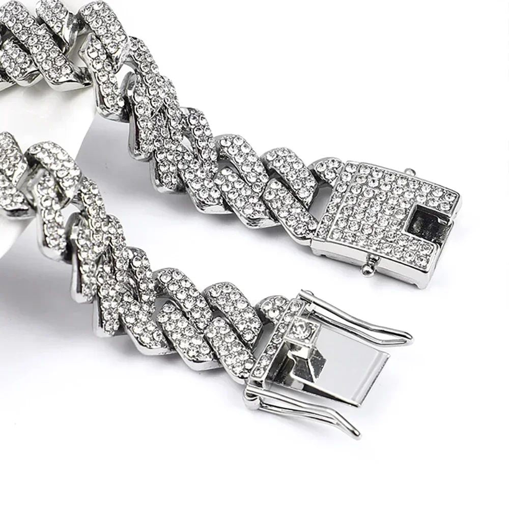 Hip Hop Brilhante Colar Corrente Cubana 15MM Feminino Masculino Cor Prata Strass Gelo Fora Corrente Cubana Punk Joias Colar Presente
