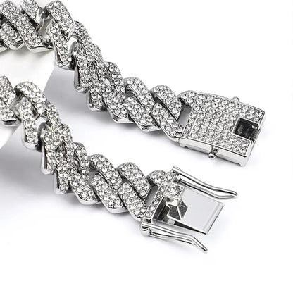 Hip Hop Brilhante Colar Corrente Cubana 15MM Feminino Masculino Cor Prata Strass Gelo Fora Corrente Cubana Punk Joias Colar Presente