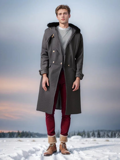 European and American Men's Casual Woolen Coat for Autumn and Winter, Young Men's Double-breasted Fur Collar Overcoat S-5XL