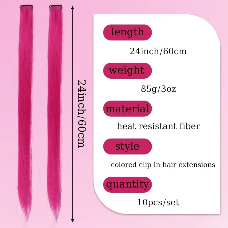 10Pcs Pink Clip in Hair Extensions Party Highlights Wig Synthetic Colored Straight Hairpiece for Girls Kids Christmas Party Use