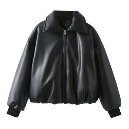 2025 Fall Winter Faux Leather Jacket for Women Oversized Streetwear Cotton Padded Parkas Short Bomber Coat Warm