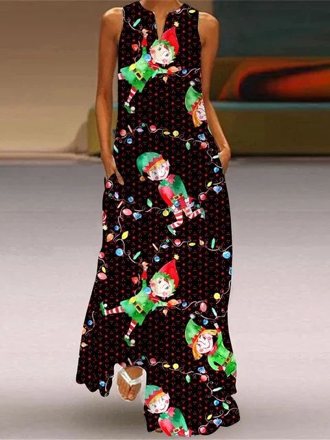 Christmas Dress For Womens Cute CartoonChristmas Element Pattern Print Maxi Dress Sexy Sleeveless V-neck Casual Long Dress Robe