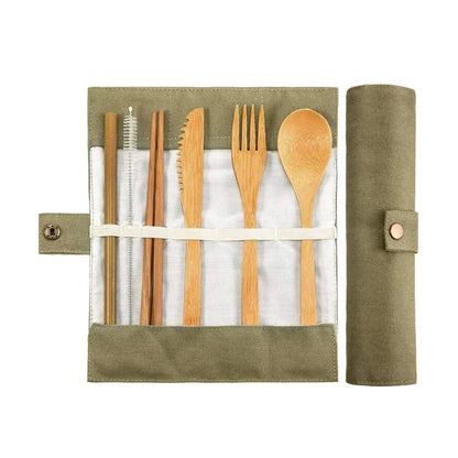 Conjunto Portátil de Talheres Reutilizáveis de Bambu Garfo Faca Colher de Madeira com Estojo de Viagem Utensílios de Cozinha Ecológicos