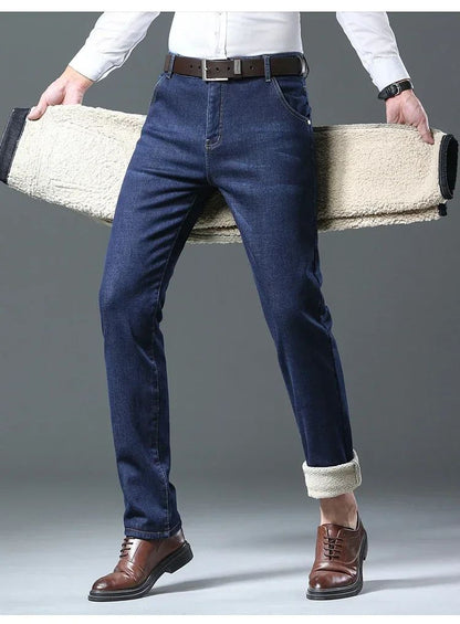 Calça Jeans Masculina de Inverno Forrada de Lã Grossa Sherpa Casual de Negócios Veludo Reta Masculina de Lã Pelúcia Clássica Elástica