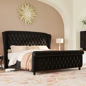 California King Velvet Sleigh Bed Frame with Curved Headboard, Footboard, and Deep Button Tufting
