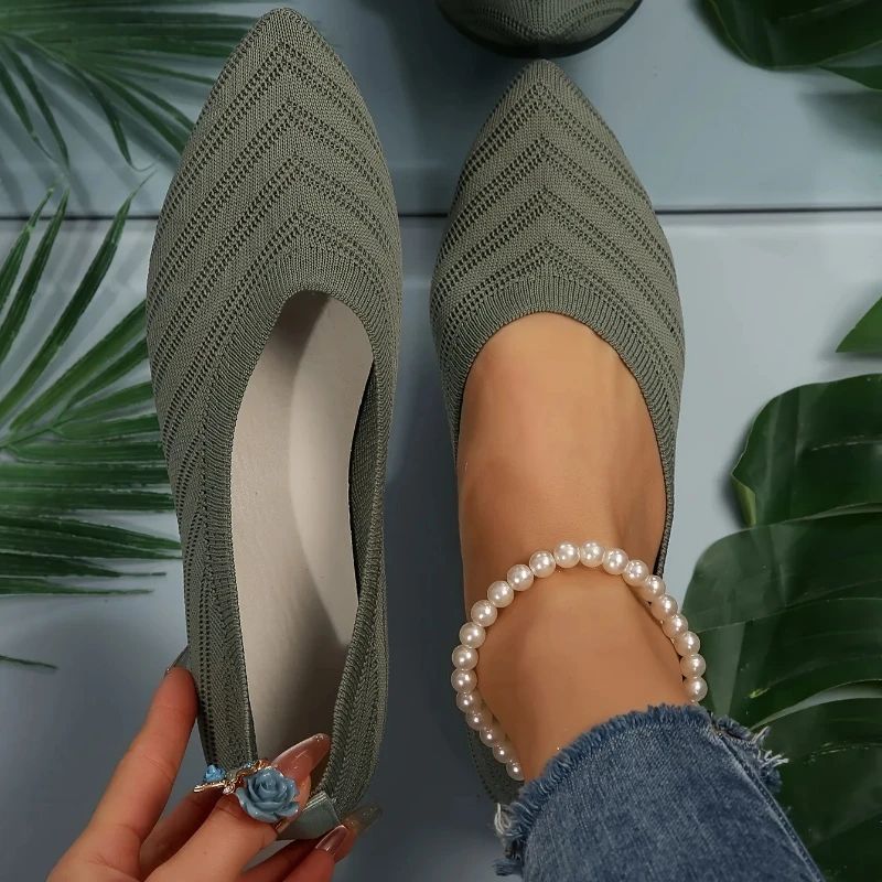 Women's Pointed Toe Flat Shoes Solid Color Knitted Slip on Shoes Casual Breathable Ballet Flats Women Flat Shoes Loafers Women