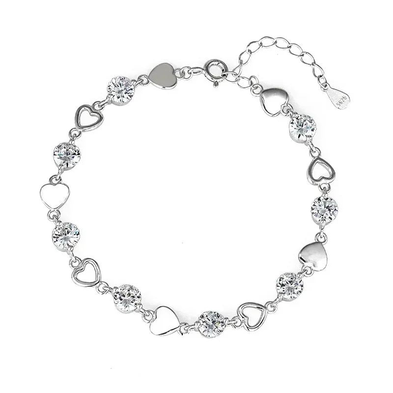 Pulseira de Luxo Coração Vazado Prata 925 Zircônia para Mulheres Joias de Festa Presentes de Moda Coreana Doce e Estilosa
